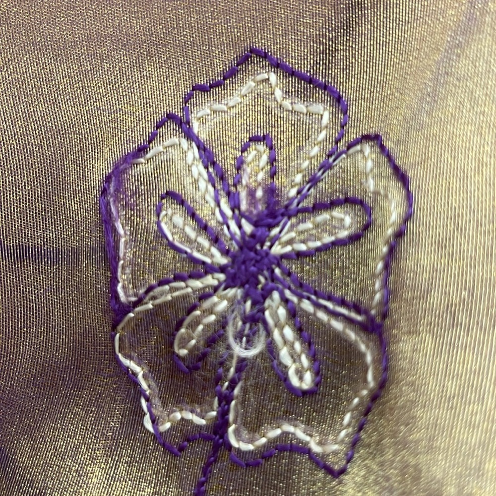 Gold/Bronze Metallic Shimmery Vintage Wrap with Purple Flowers - Picture 8 of 10